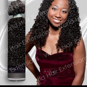 Model wearing 18 inch Kinky Curly Virgin Indian Hair Extensions Sew In Weave
