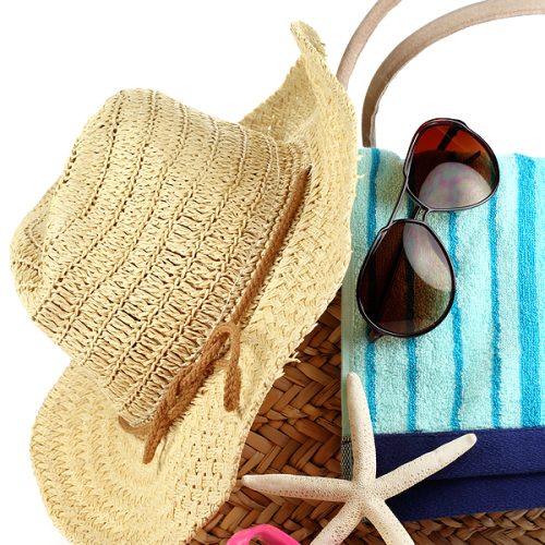 Beach hat, bag, sunglasses and sandals