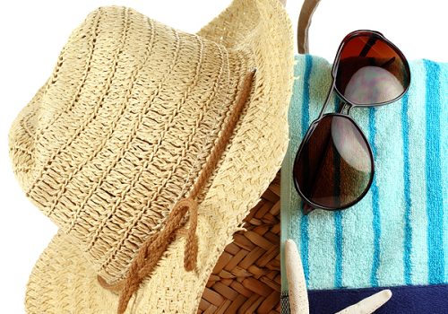 Beach hat, bag, sunglasses and sandals