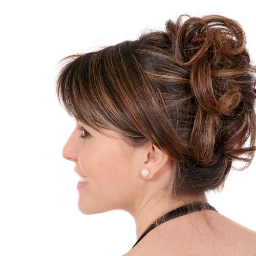 Curly updo on medium length hair with bang