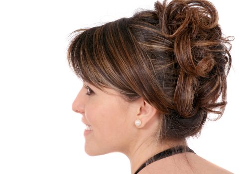 Curly updo on medium length hair with bang