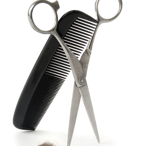 Hair shears, comb and lock of hair